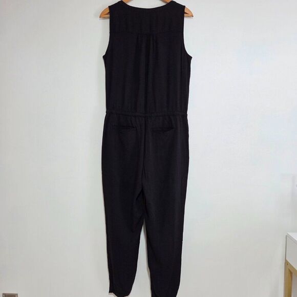 EUC LIKE NEW LOFT SLEEVELESS SPLIT V NECK BLACK SOFT JUMPSUIT SIZE 10 / M - Picture 2 of 16
